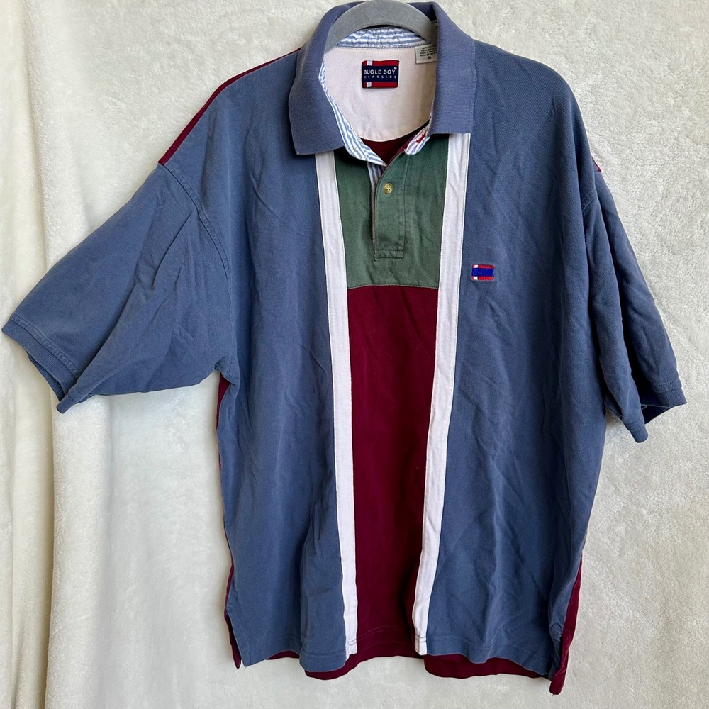 Vintage Bugle Boy‎ Classics 90s Colorblock Vertical Stripe Polo Shirt Men's XL